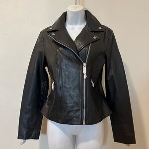 MNG Mango Genuine Sheep Leather Black Moto Biker Jacket M
